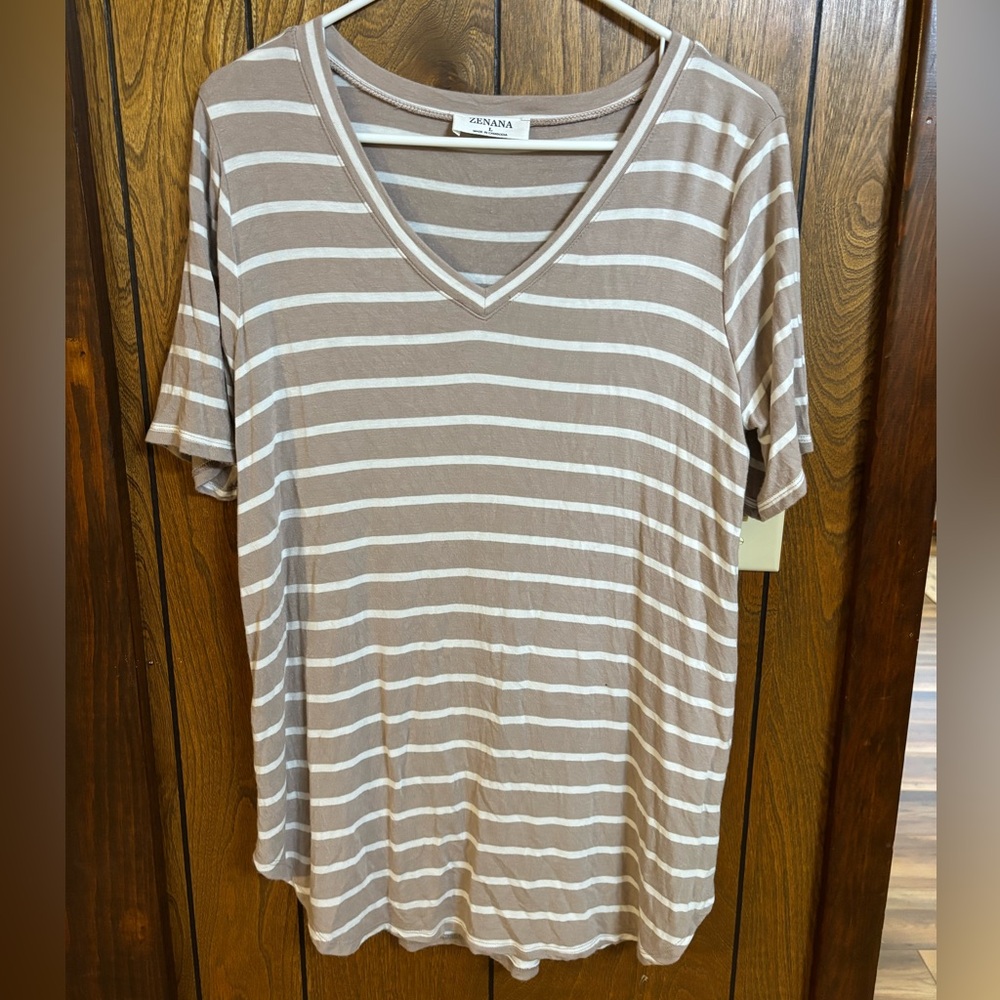 Zenana Outfitters Tan and White Striped Short Sleeve Tee